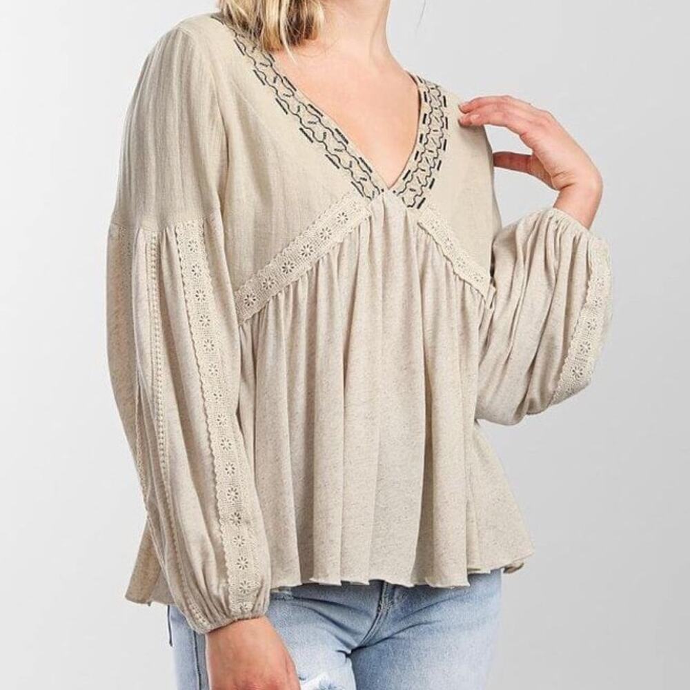 Miss Me Linen Babydoll Lace Embroidered V-Neck Top Flowy Coastal Cowgirl - Picture 1 of 9